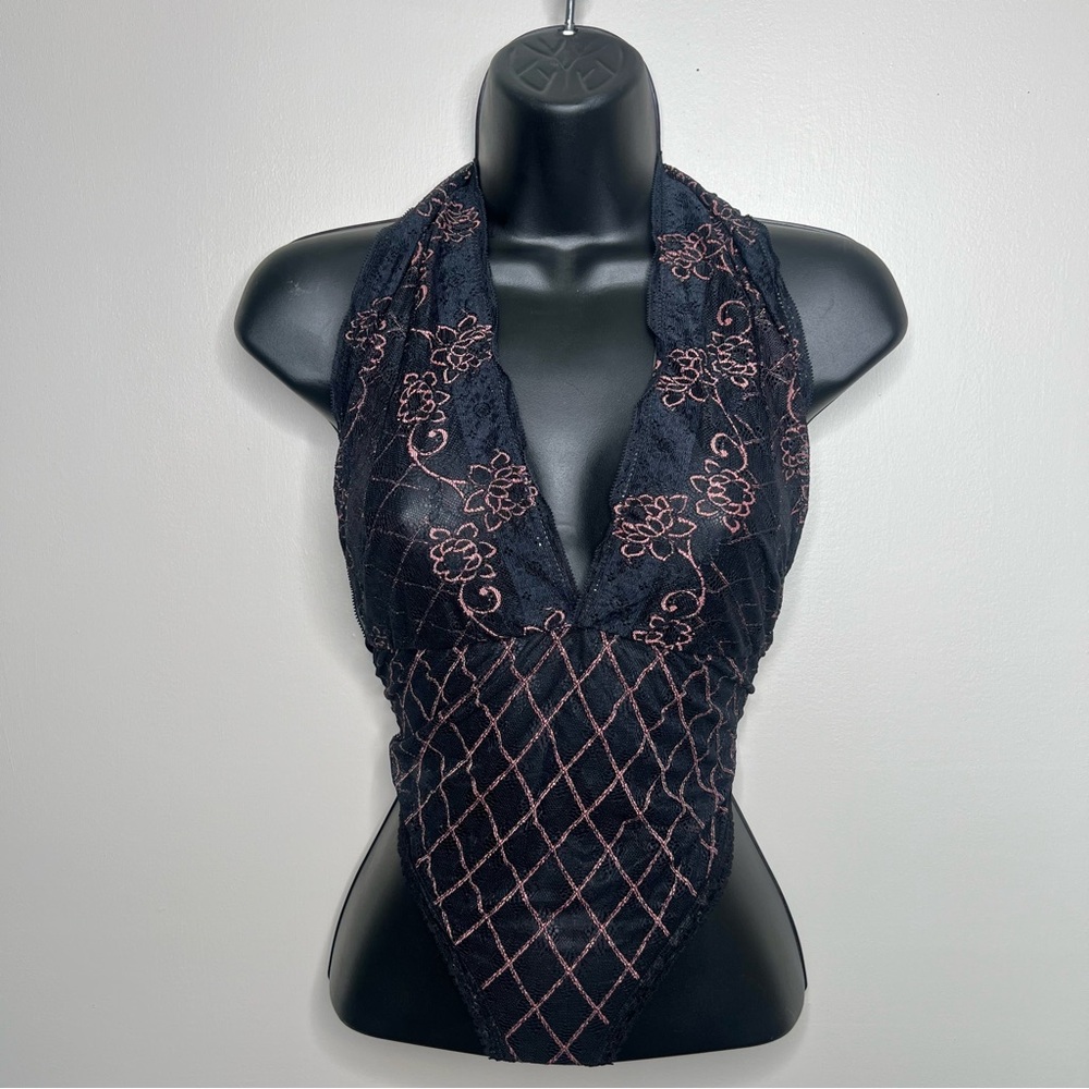 Shirley of Hollywood Black and Pink Lace Bodysuit